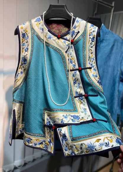 Loose Blue O-Neck Embroideried Floral Patchwork Silk Waistcoat Fall Ada Fashion