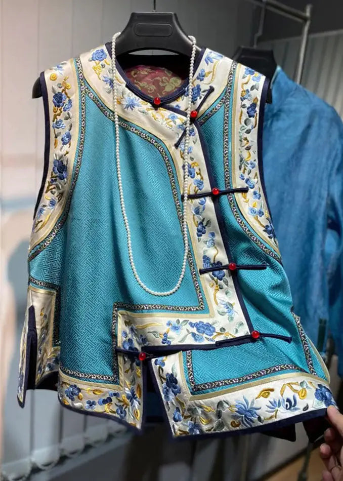 Loose Blue O-Neck Embroideried Floral Patchwork Silk Waistcoat Fall Ada Fashion