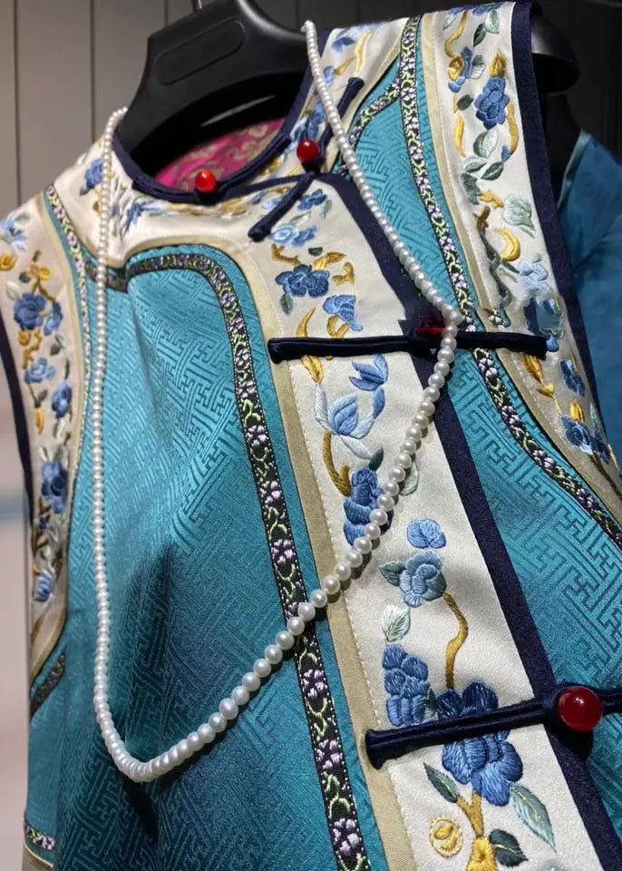 Loose Blue O-Neck Embroideried Floral Patchwork Silk Waistcoat Fall Ada Fashion