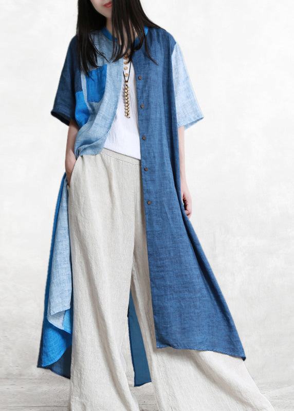 Loose Blue Patchwork Button Linen Long Shirts Short Sleeve LY5129 - fabuloryshop