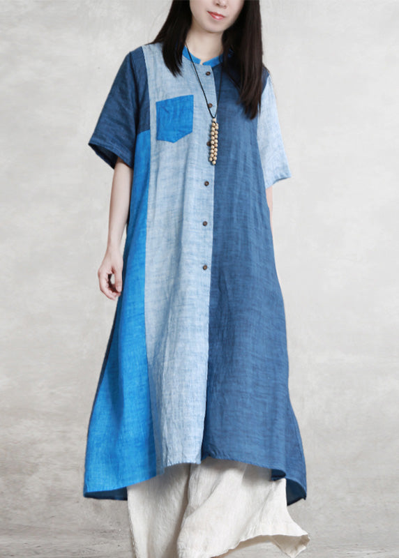 Loose Blue Patchwork Button Linen Long Shirts Short Sleeve LY5129 - fabuloryshop