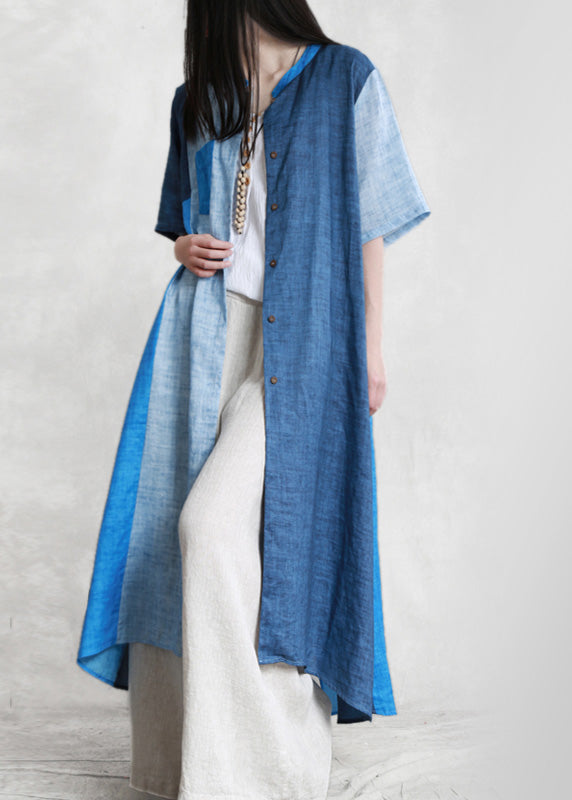 Loose Blue Patchwork Button Linen Long Shirts Short Sleeve LY5129 - fabuloryshop