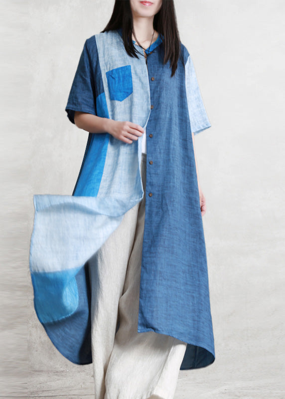 Loose Blue Patchwork Button Linen Long Shirts Short Sleeve LY5129 - fabuloryshop