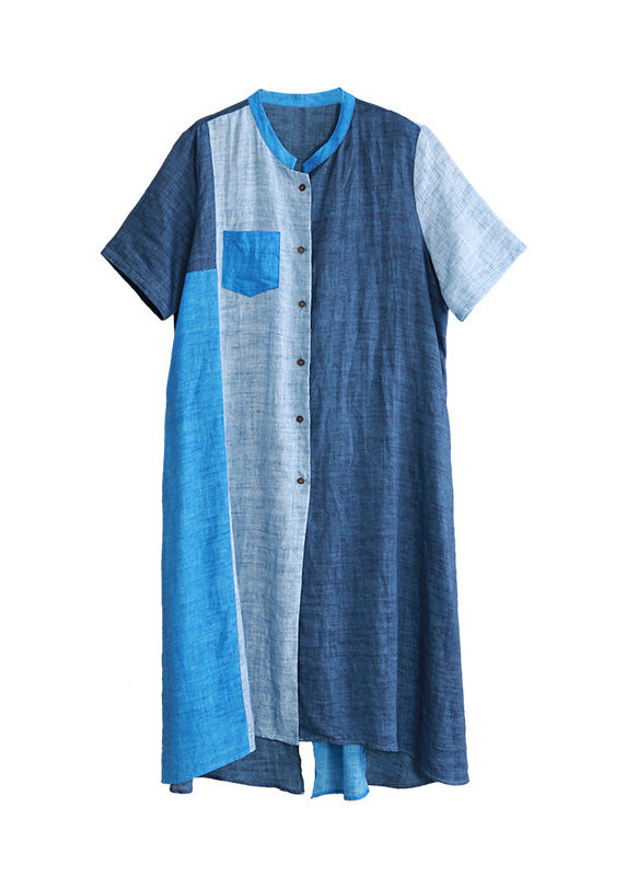 Loose Blue Patchwork Button Linen Long Shirts Short Sleeve LY5129 - fabuloryshop