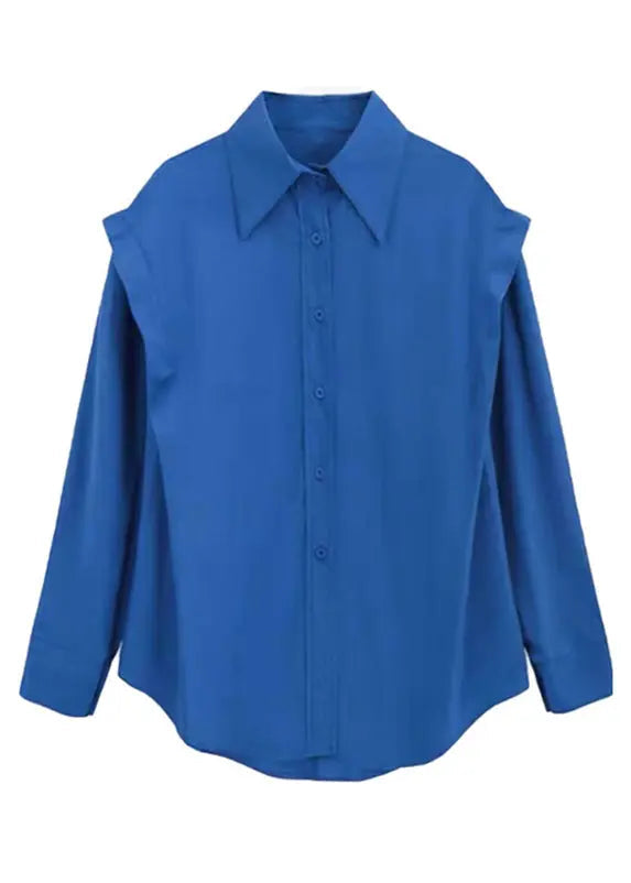 Loose Blue Peter Pan Collar Button Patchwork Cotton Shirt Top Long Sleeve Ada Fashion