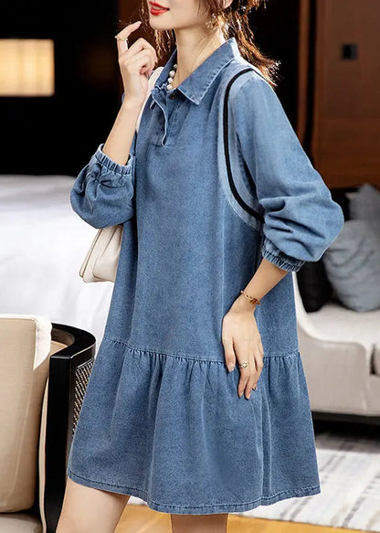 Loose Blue Peter Pan Collar Patchwork Denim Mid Dress Fall Ada Fashion