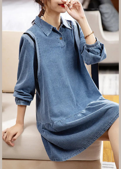 Loose Blue Peter Pan Collar Patchwork Denim Mid Dress Fall Ada Fashion