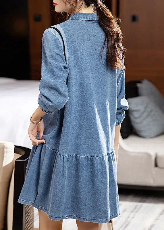 Loose Blue Peter Pan Collar Patchwork Denim Mid Dress Fall Ada Fashion