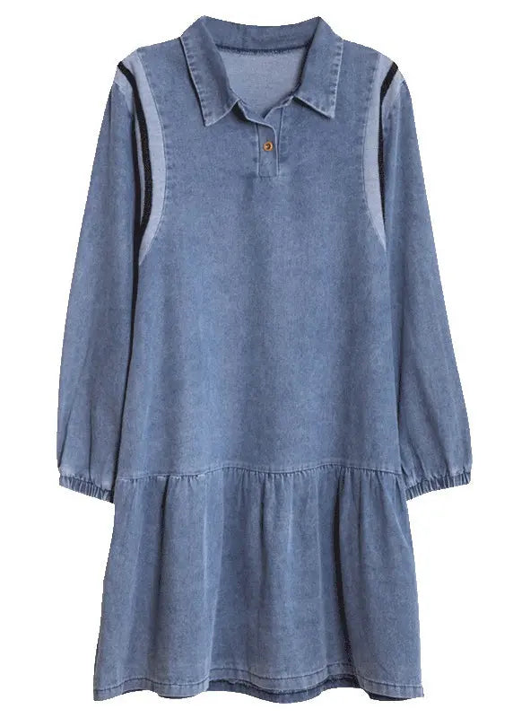 Loose Blue Peter Pan Collar Patchwork Denim Mid Dress Fall Ada Fashion