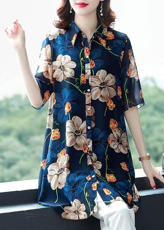 Loose Blue Peter Pan Collar Print Patchwork Chiffon Shirt Top Summer TF1035 - fabuloryshop