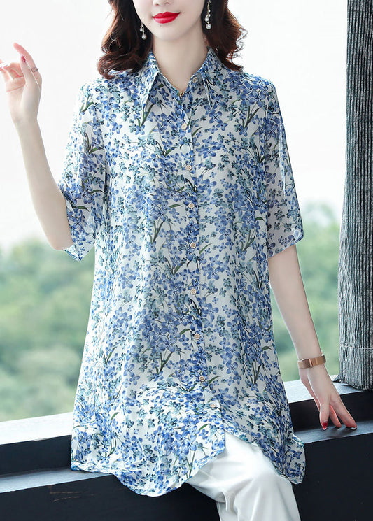 Loose Blue Peter Pan Collar Print Patchwork Chiffon Shirt Tops Half Sleeve TF1045 - fabuloryshop