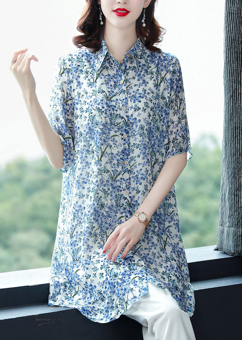 Loose Blue Peter Pan Collar Print Patchwork Chiffon Shirt Tops Half Sleeve TF1045 - fabuloryshop