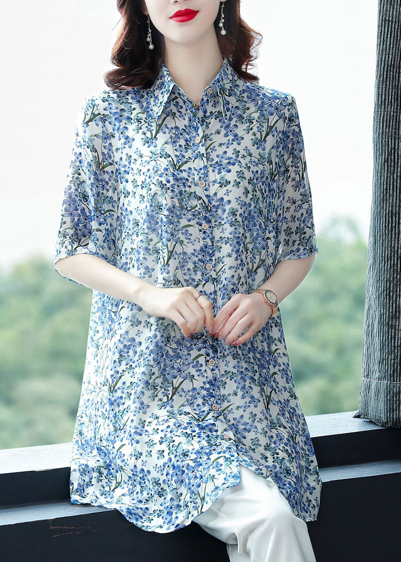 Loose Blue Peter Pan Collar Print Patchwork Chiffon Shirt Tops Half Sleeve TF1045 - fabuloryshop