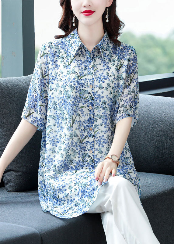 Loose Blue Peter Pan Collar Print Patchwork Chiffon Shirt Tops Half Sleeve TF1045 - fabuloryshop