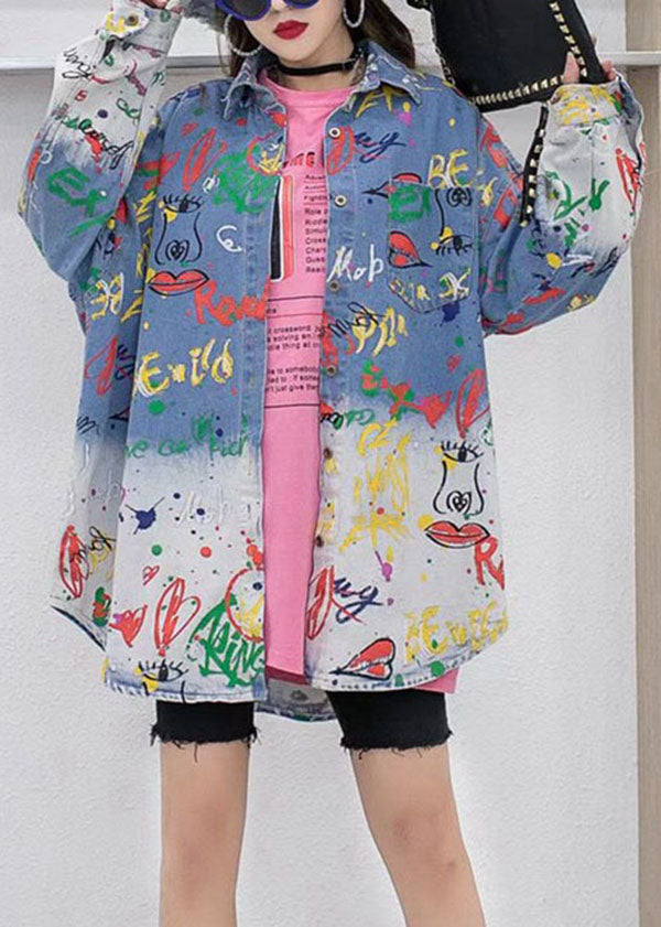 Loose Blue Peter Pan Collar Print Patchwork Denim Coat Long Sleeve LY5206 - fabuloryshop