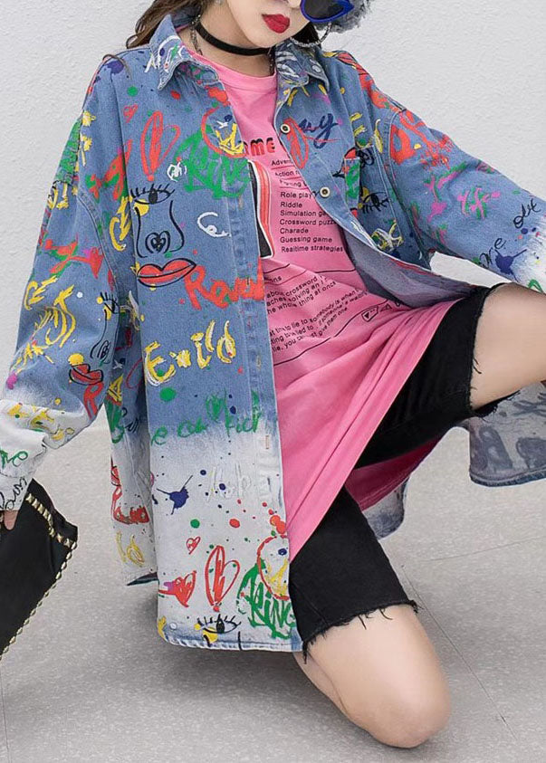 Loose Blue Peter Pan Collar Print Patchwork Denim Coat Long Sleeve LY5206 - fabuloryshop