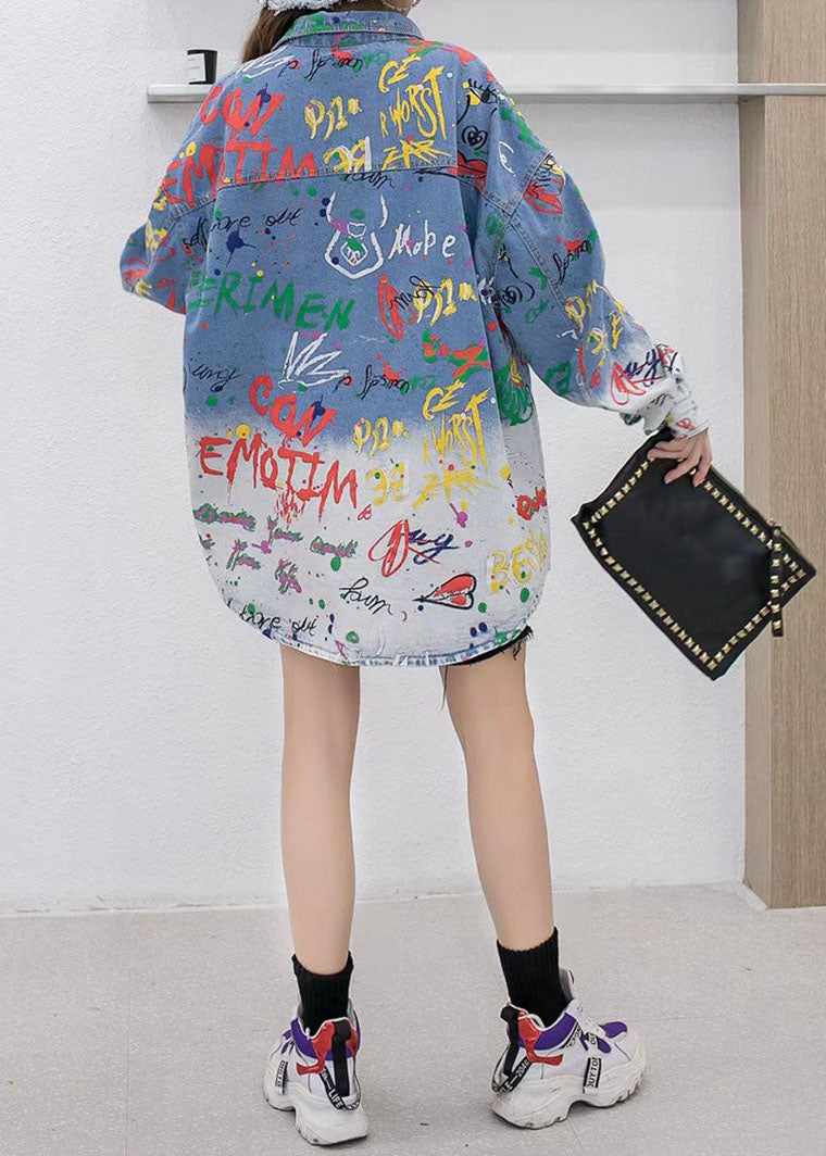 Loose Blue Peter Pan Collar Print Patchwork Denim Coat Long Sleeve LY5206 - fabuloryshop