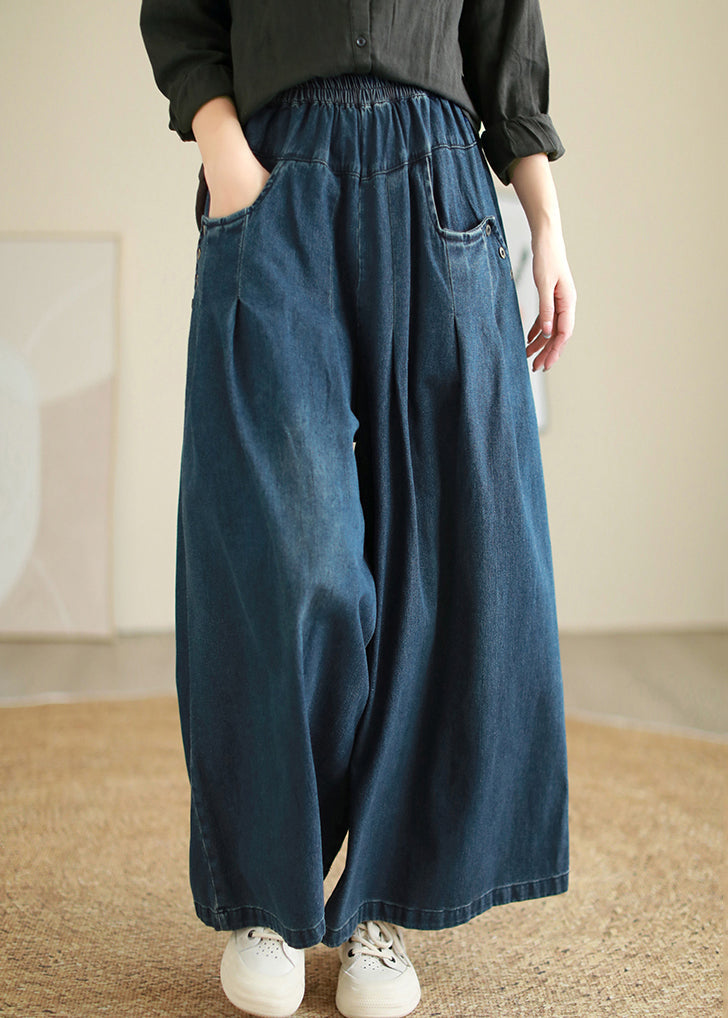 Loose Blue Pockets Elastic Waist Patchwork Denim Pants Fall Ada Fashion