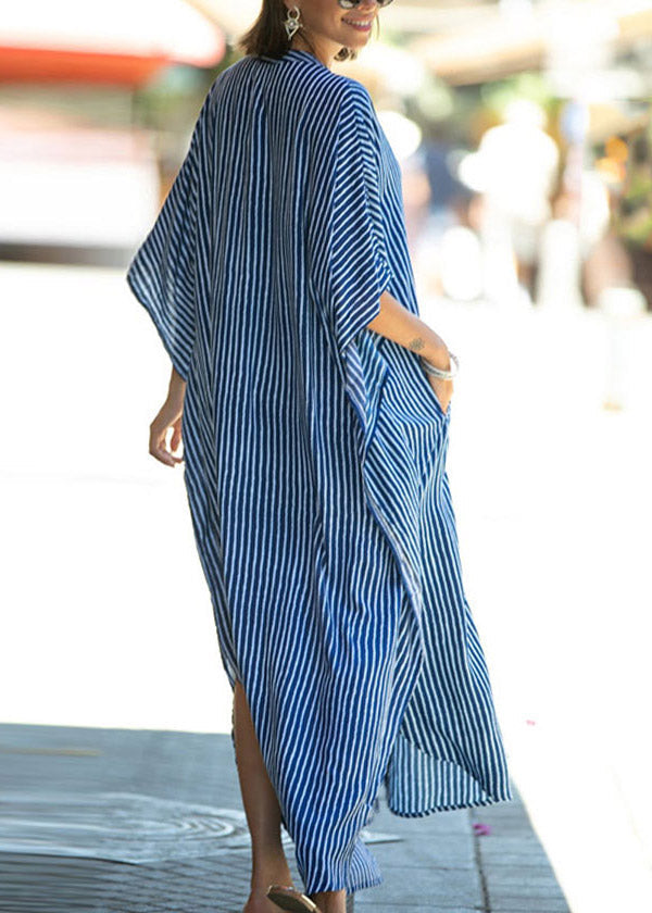 Loose Blue Stand Collar Striped Button Side Open Maxi Dress Summer LY3024 - fabuloryshop