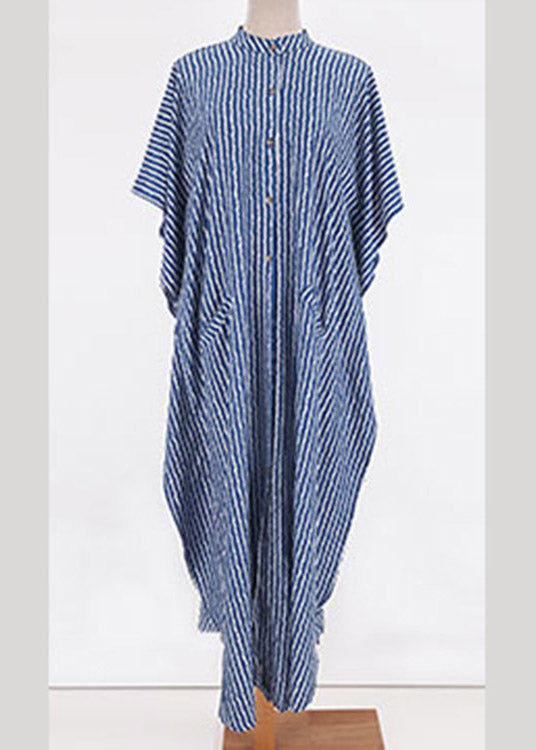 Loose Blue Stand Collar Striped Button Side Open Maxi Dress Summer LY3024 - fabuloryshop