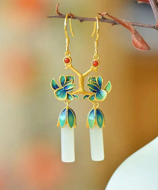 Loose Blue Sterling Silver Inlaid Jade Gem Stone Enamel Orchid Drop Earrings Ada Fashion