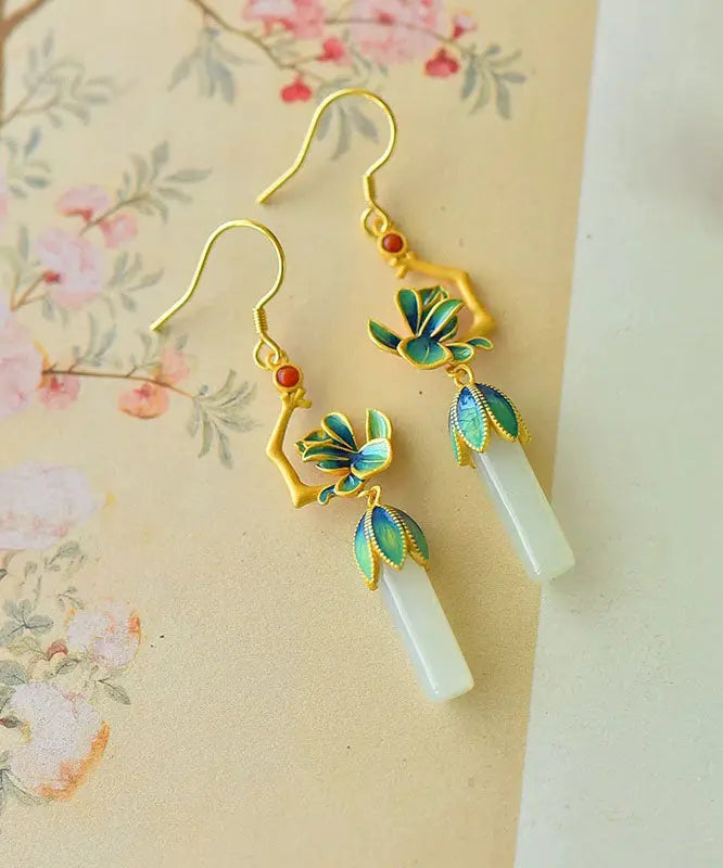 Loose Blue Sterling Silver Inlaid Jade Gem Stone Enamel Orchid Drop Earrings Ada Fashion