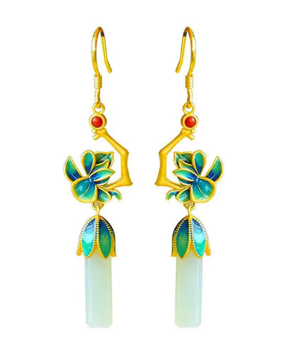 Loose Blue Sterling Silver Inlaid Jade Gem Stone Enamel Orchid Drop Earrings Ada Fashion