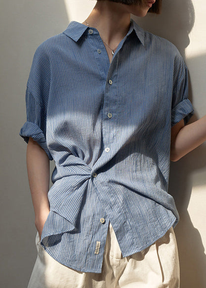 Loose Blue Striped Cotton Blouses