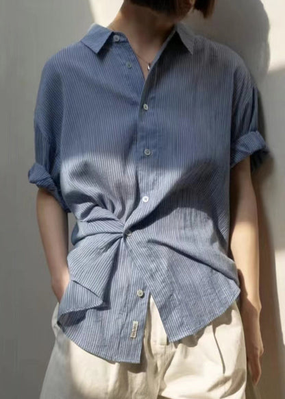 Loose Blue Striped Cotton Blouses