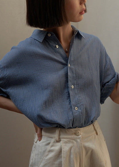 Loose Blue Striped Cotton Blouses