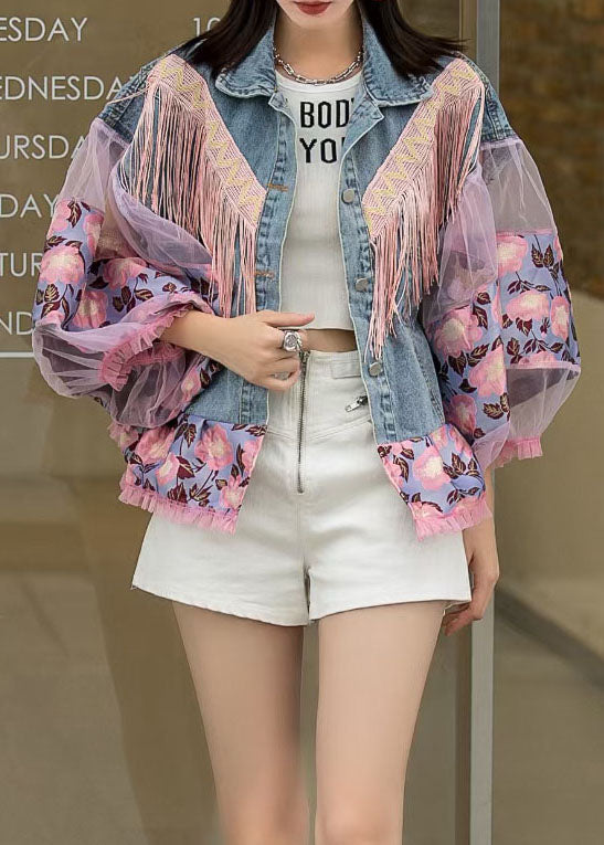 Loose Blue Tasseled Embroideried Ruffled Patchwork Denim Coat Lantern Sleeve LY5223 - fabuloryshop