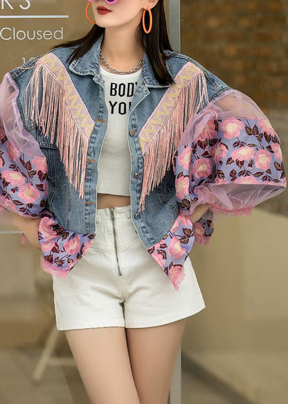 Loose Blue Tasseled Embroideried Ruffled Patchwork Denim Coat Lantern Sleeve LY5223 - fabuloryshop