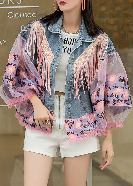 Loose Blue Tasseled Embroideried Ruffled Patchwork Denim Coat Lantern Sleeve LY5223 - fabuloryshop