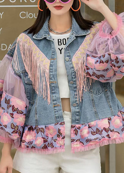 Loose Blue Tasseled Embroideried Ruffled Patchwork Denim Coat Lantern Sleeve LY5223 - fabuloryshop