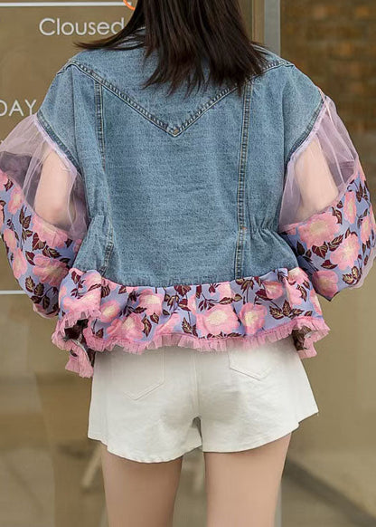 Loose Blue Tasseled Embroideried Ruffled Patchwork Denim Coat Lantern Sleeve LY5223 - fabuloryshop