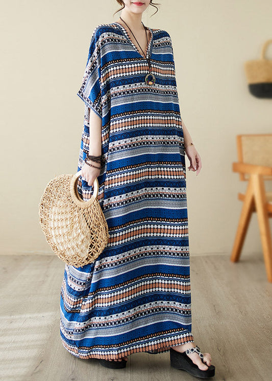 Loose Blue V Neck Animal Print Long Beach Dresses Summer LY3935 - fabuloryshop