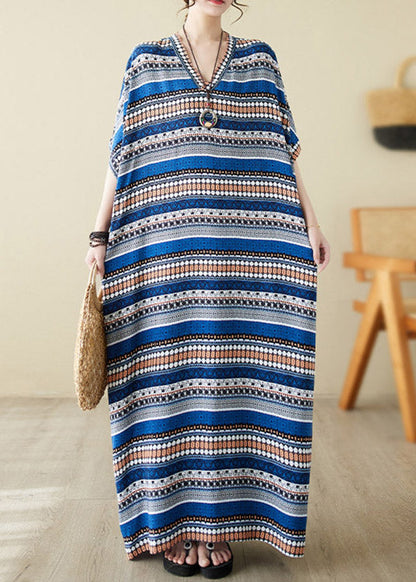 Loose Blue V Neck Animal Print Long Beach Dresses Summer LY3935 - fabuloryshop