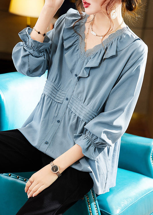 Loose Blue V Neck Button Solid Tops Long Sleeve LY6207 - fabuloryshop