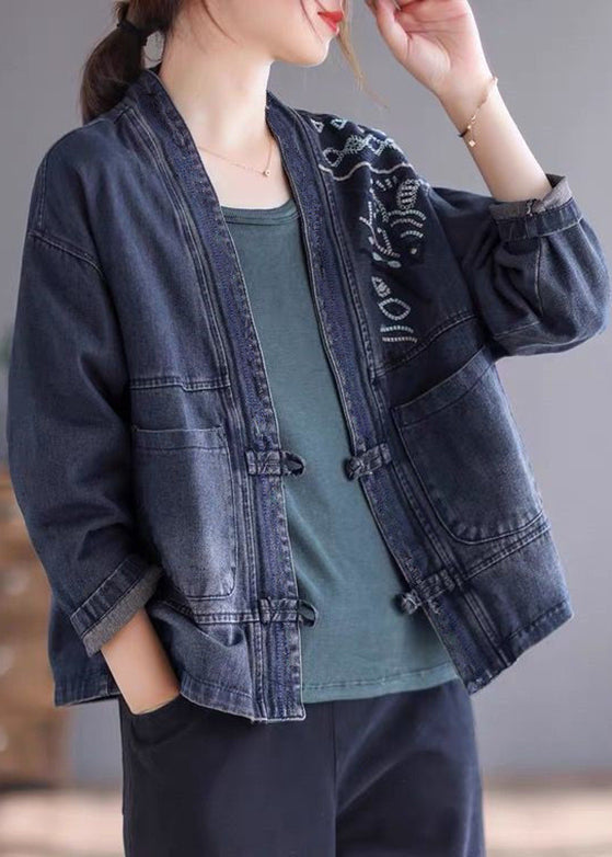 Loose Blue V Neck Embroideried Button Denim Coat Long Sleeve Ada Fashion