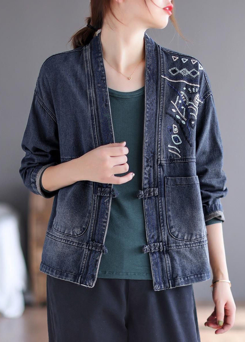 Loose Blue V Neck Embroideried Button Denim Coat Long Sleeve Ada Fashion