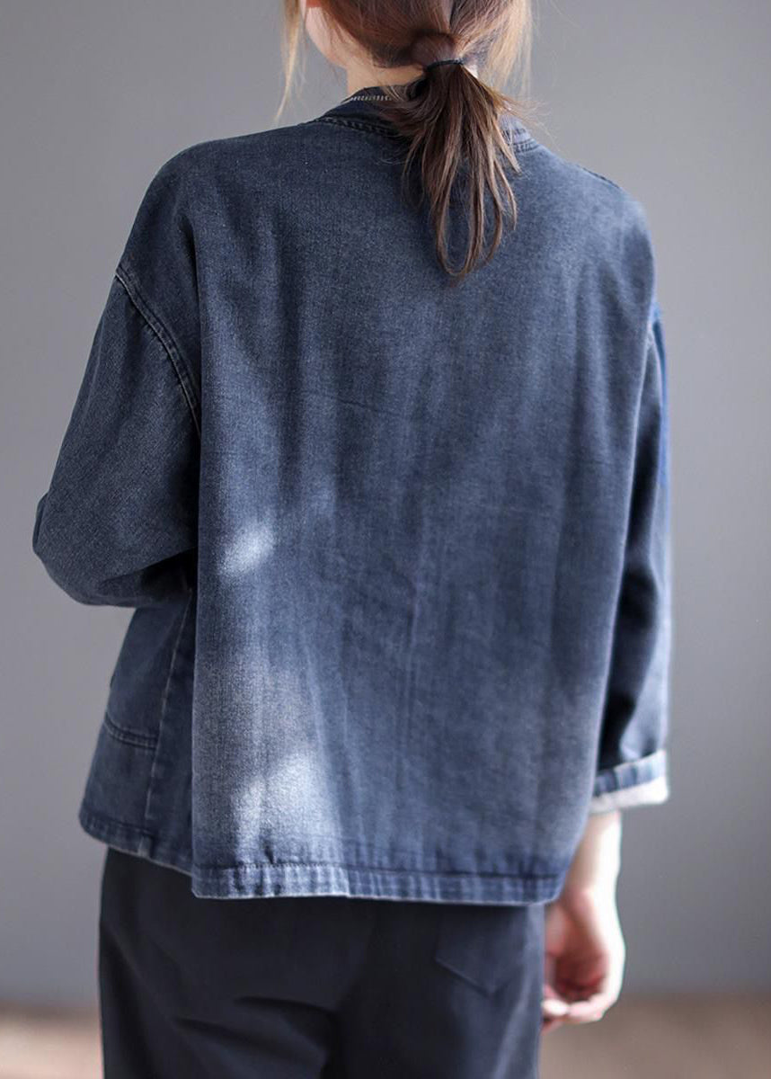 Loose Blue V Neck Embroideried Button Denim Coat Long Sleeve Ada Fashion