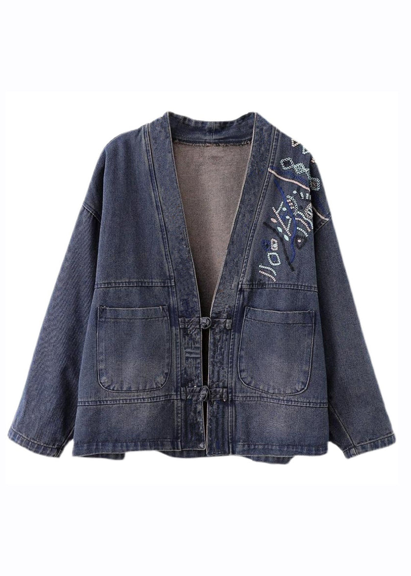 Loose Blue V Neck Embroideried Button Denim Coat Long Sleeve Ada Fashion