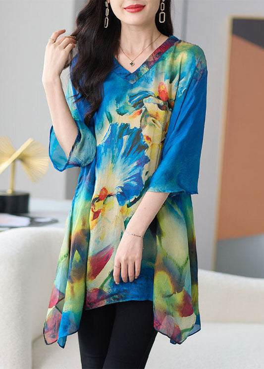 Loose Blue V Neck Print Patchwork Chiffon T Shirt Tops Half sleeve TF1026 - fabuloryshop