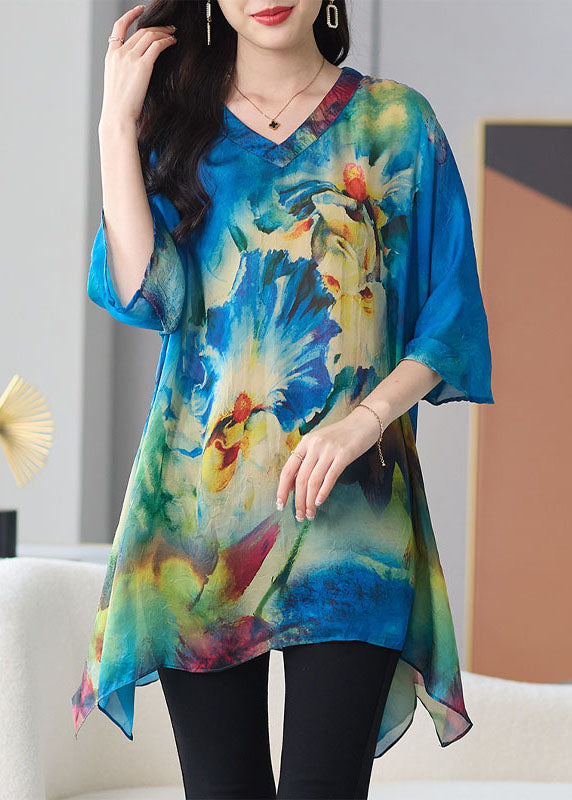 Loose Blue V Neck Print Patchwork Chiffon T Shirt Tops Half sleeve TF1026 - fabuloryshop