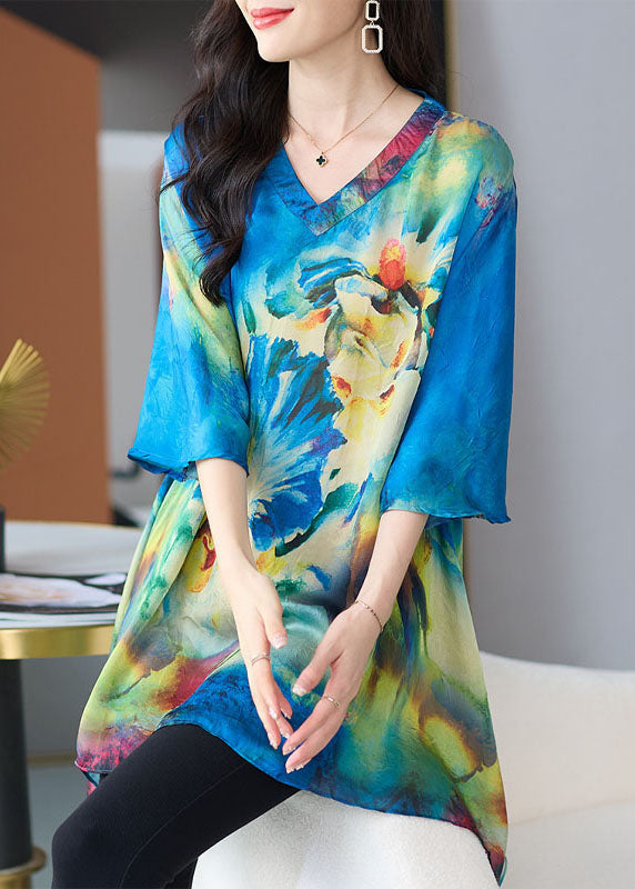 Loose Blue V Neck Print Patchwork Chiffon T Shirt Tops Half sleeve TF1026 - fabuloryshop