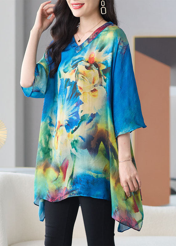 Loose Blue V Neck Print Patchwork Chiffon T Shirt Tops Half sleeve TF1026 - fabuloryshop