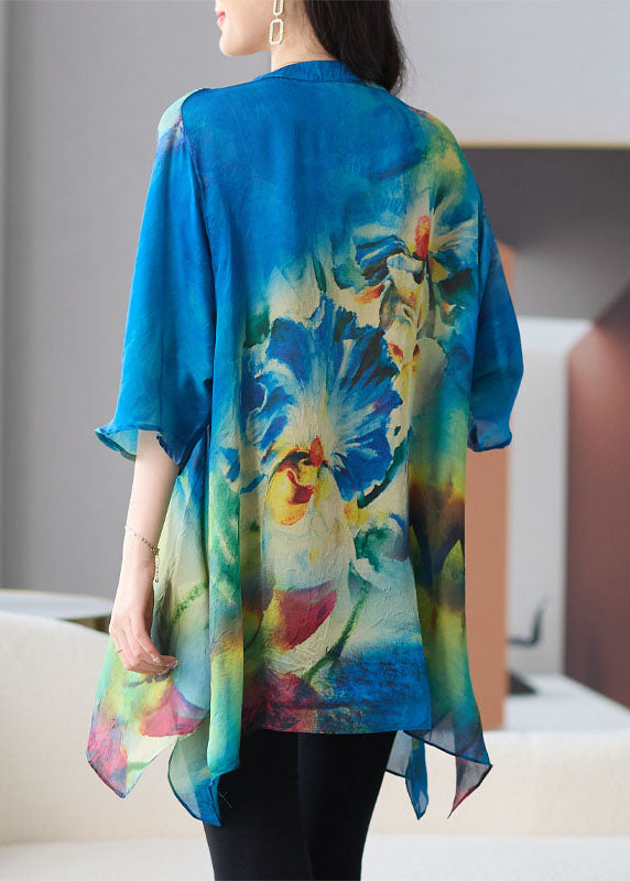 Loose Blue V Neck Print Patchwork Chiffon T Shirt Tops Half sleeve TF1026 - fabuloryshop