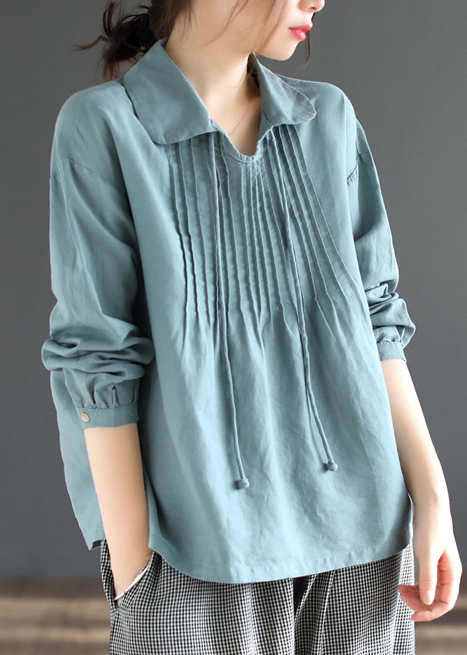 Loose Blue Wrinkled Lace Up Patchwork Cotton Top Long Sleeve Ada Fashion