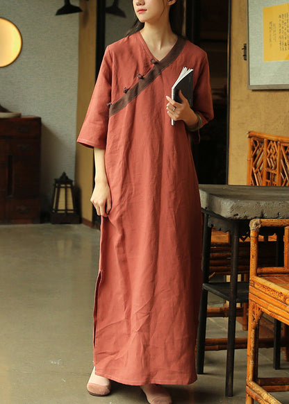 Loose Brick Red Button Side Open Patchwork Linen Dress Half Sleeve Ada Fashion