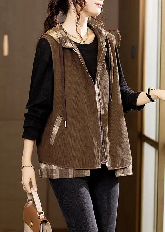 Loose Brown Hooded Zippered Patchwork Corduroy Waistcoat Sleeveless Ada Fashion